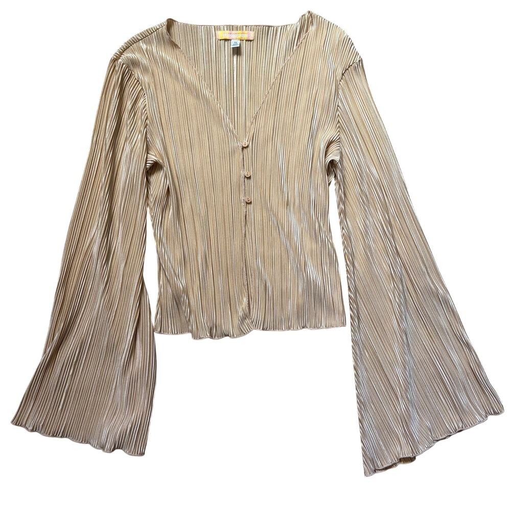 Urban Outfitters Plisse Pleated Blouse Gold Size XL Bell Sleeve Cardigan Y2K - Picture 2 of 8